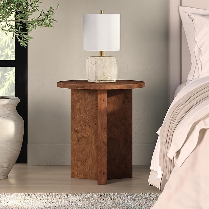 Henn&Hart 20" Scandinavian Round Wooden End Table, Side Table, Nightstand with X-Base for Living Room, Office, Family Room, or Bedroom, Walnut Burl