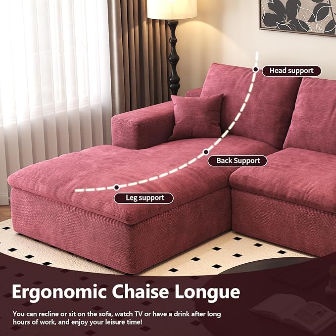 136.6'' L-Shaped Modern Modular Sectional Cloud Couch, 4-Seat Chenille Deep-Seat Sofa with Pillow for Living Room, Bedroom, Apartment, Wine Red