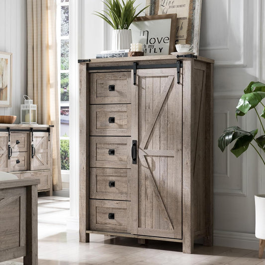 T4TREAM 5 Drawers Dresser for Bedroom w/Sliding Barn Door, Farmhouse Modern Tall Dresser 5 Chest of Drawers, Storage Organizer for Bedroom, Hallway, Living Room, Kids Room, Light Rustic Oak