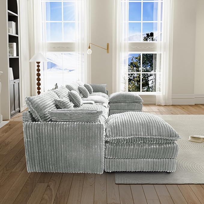 HYJT-H&K 145" U Shaped Cloud Couch Modular Light Grey Sectional Couches for Living Room, Comfy Fluffy Corduroy Oversized Cloud Sectional Couch Large 6 Seat Sectionals Sofa Set Central Console USB Port