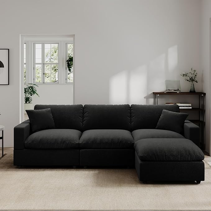 Modern Sectional Linen Cloud Couch for Living Room L Shape Modular Filled-Down Sofas,Detachable Couch Cushion Covers,Cozy Feather Down Sofa for Apartment Black