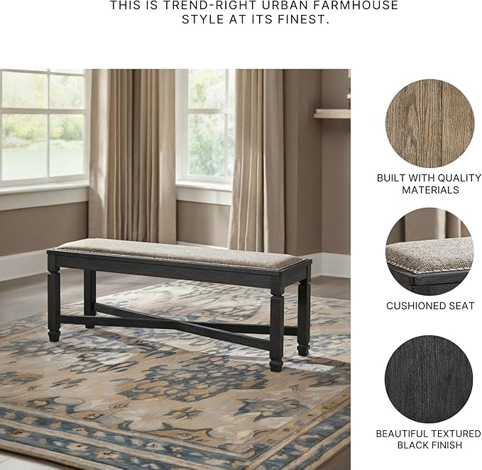 Signature Design by Ashley Tyler Creek Farmhouse Upholstered Dining Room Bench with Tapered Legs, Heavy Woven Fabric, Wood, 19.5" High Seat, Black & Gray