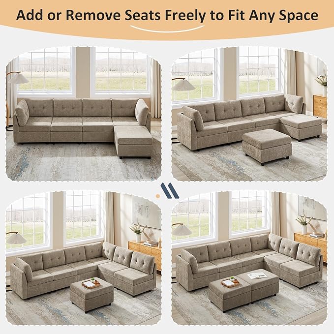 VANOMi 4 Seat Modular Cloud Sofa with 2 Ottomans, 118" Sectional Sofas & Couches for Living Room, Comfy Chenille Cloud Sectional Couch Sofas for Living Room, Apartment, Office, Camel, U Shaped