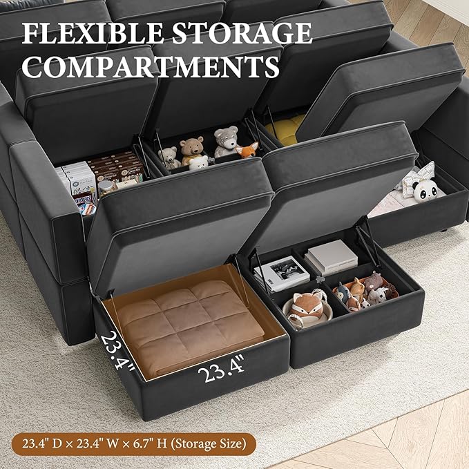 Vesgantti Modular Sofa Bed with Storage, 92" Sleeper Sofas with 9 Seats Storage Chaises Removeble Cover, Luxury Large Velvet Sectional Couch Set for Living Room, Apartment, Home Theatre, Gray