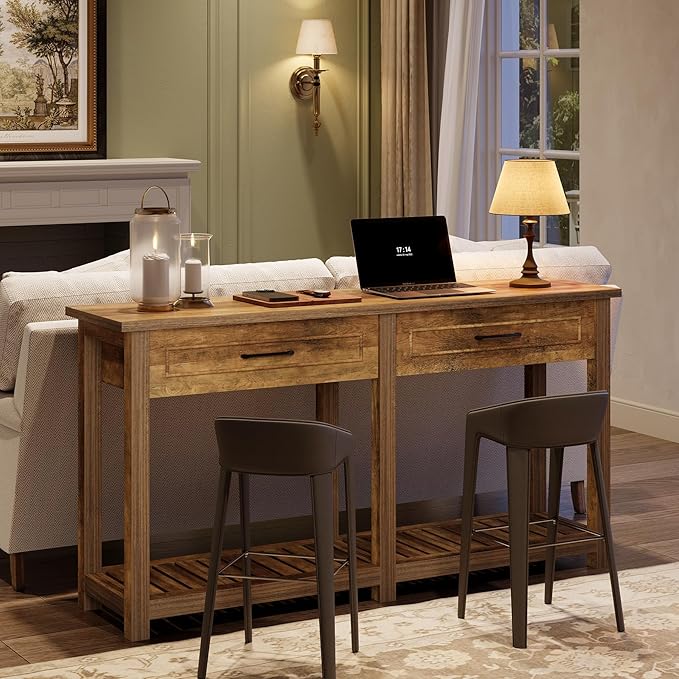 LITTLE TREE Modern Console Tables with 2 Drawers, Rustic 63 Inch Entryway Furniture, Behind Couch Table with Storage Shelf, for Living Room, Hallway, Entrance, Foyer, Rustic Brown