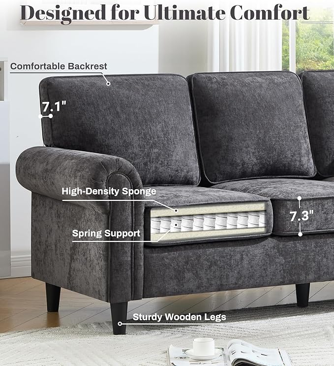 Kingfun 3 Seater Couch, Mid Century Modern Sofa Set with Rolled Arms and Deep Seats, Fluffy Comfort for Living Room, Apartment, Easy Assembly, Gray