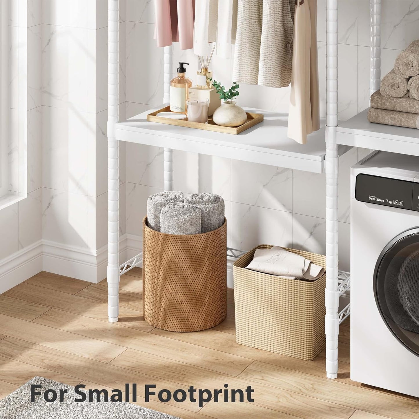 CABIHOME 5-Tier Over-The-Washer Shelf - Adjustable Height Laundry Organizer Space Saver, Double-Layer 100lb Shelves, 2 Hooks for Bathroom/Balcony (White)