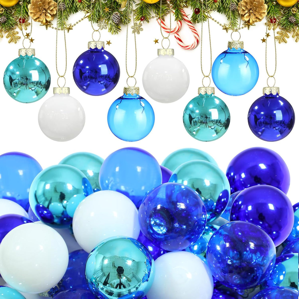Tioncy 32 Pcs 1 Inch Mini Glass Christmas Ornaments Balls Shiny Christmas Balls Tiny Tree Hanging Decoration Small Colorful Ball Pendant for Xmas Party Supplies(Multi Blue, White)