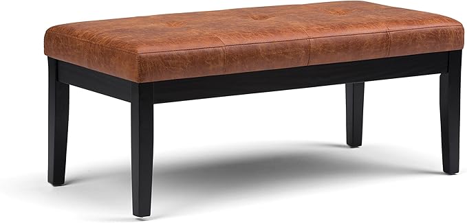 SIMPLIHOME Lacey 41 inch Wide Contemporary Rectangle Tufted Ottoman Bench in Distressed Saddle Brown Vegan Faux Leather, Assembled, For the Living Room and Bedroom