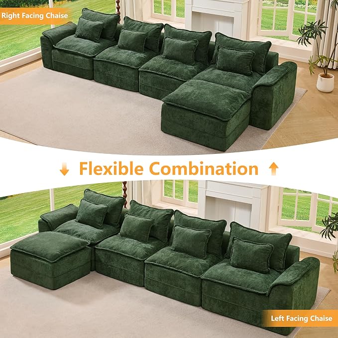 Hobestluk Cloud Modular Sectional Couch 4-Seater Sofa with Ottoman L Shaped Couch Deep Seat Sofa with Removable Cover Large Sofa for Living Room (Green, 4-Seater Sofa with One Ottoman)