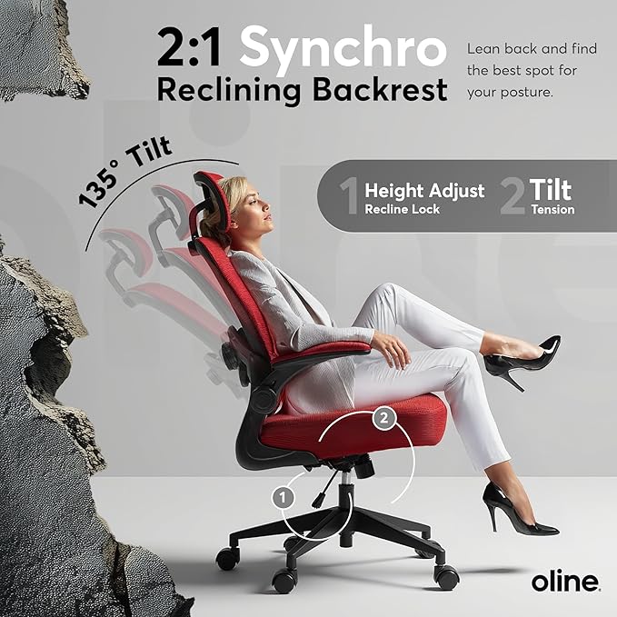 Oline ErgoAir Ergonomic Office Chair – Adjustable Lumbar Support, Flip-Up Armrests, Mesh Computer Desk Chair, Swivel Rolling Executive Gaming Chair for Home & Office (Red)