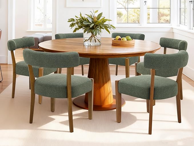 Modern Green Dining Chairs Set of 4, Walnut Upholstered Kitchen & Dining Room Chairs, Mid Century Modern Wooden Dining Chairs Oversized Sturdy Fabric Rounded Chairs Curved Back