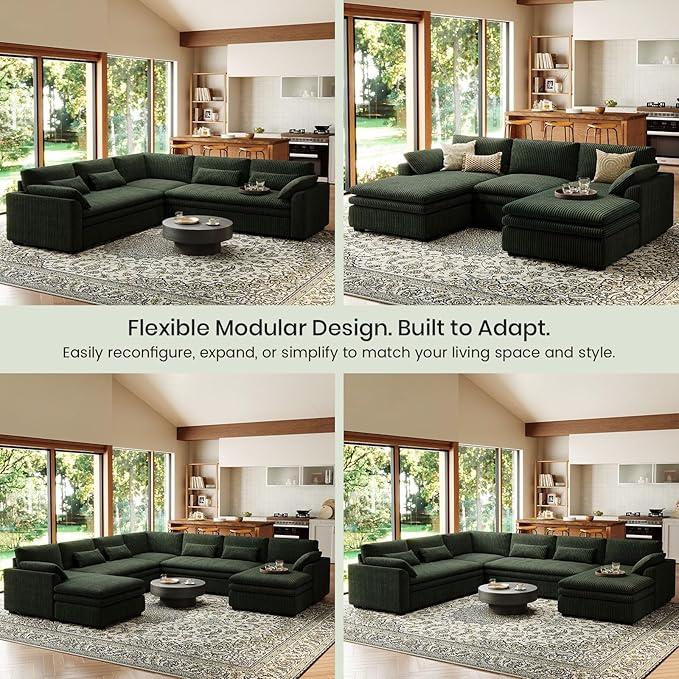 Belffin Large Modular Sectional Sofa with Deep Chaise, 73.6" Corduroy L Shaped Couch with 9" Soft Dual-Layer Seats Cushion for Living Room, Apartment, Green