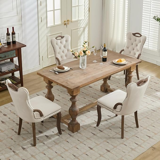 Velvet Dining Chairs Set of 4, Solid Wood Handles, Wooden Upholstered Dining Chair, Vintage Copper Nail Decoration, Mid Century Modern Kitchen Chair (Beige, Set of 4)
