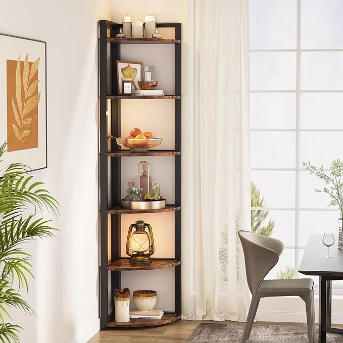 Tribesigns 6 Tier Corner Shelf, 70.9 Inch Tall Corner Bookshelf Small Bookcase Rustic Corner Shelving Unit Storage Rack for Living Room, Home Office, Kitchen, Small Space