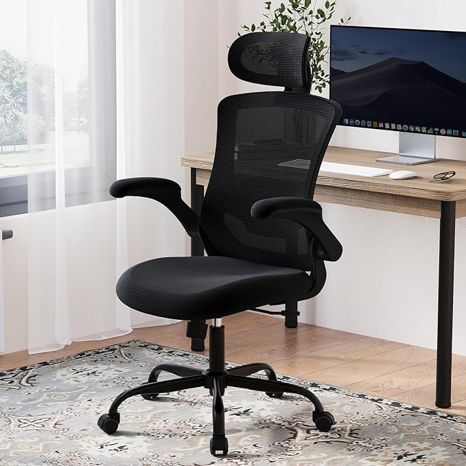 Ergonomic Office Chair with Adjustable Lumbar Support & Headrest – High Back Mesh Desk Chair with Flip-Up Armrests, Swivel Rolling Computer Chair for Home Office, Breathable & BIFMA Certified, Black