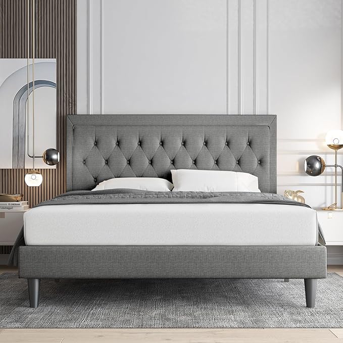 Allewie Queen Size Upholstered Platform Bed Frame with Adjustable Headboard, Button Tufted, Wood Slat Support, Easy Assembly, Light Grey