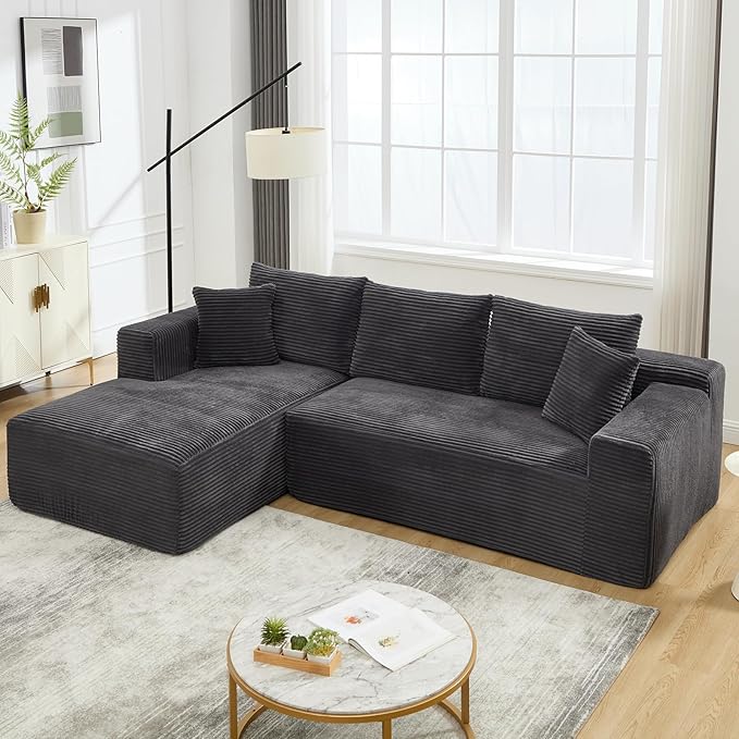 PELUMY 108.7" L-Shaped Modular Sectional Sofa with Oversized Chaise, Cloud Couch with Memory Foam, No Assembly Required Sleeper Sofa for Small Space Living Room, Apartment (Grey, Corduroy)