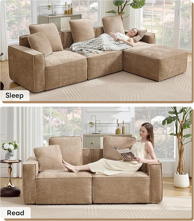 WILLOVE 109'' Modular Sectional Sofa, Chenille Cloud Couch with Wide Armrests & 5 Pillows, Deep Seat Couches for Living Room, Khaki