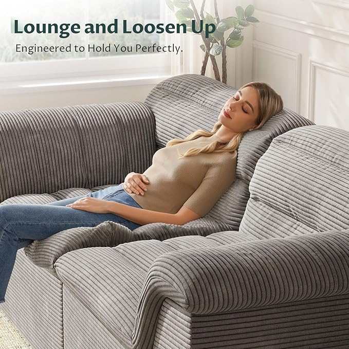 88" Sofa with Deep Seats Oversize, 3 Seater Cloud Couches, Upholstered Corduroy Couch for Living Room Bedroom, No Assembly Required, Light Gray