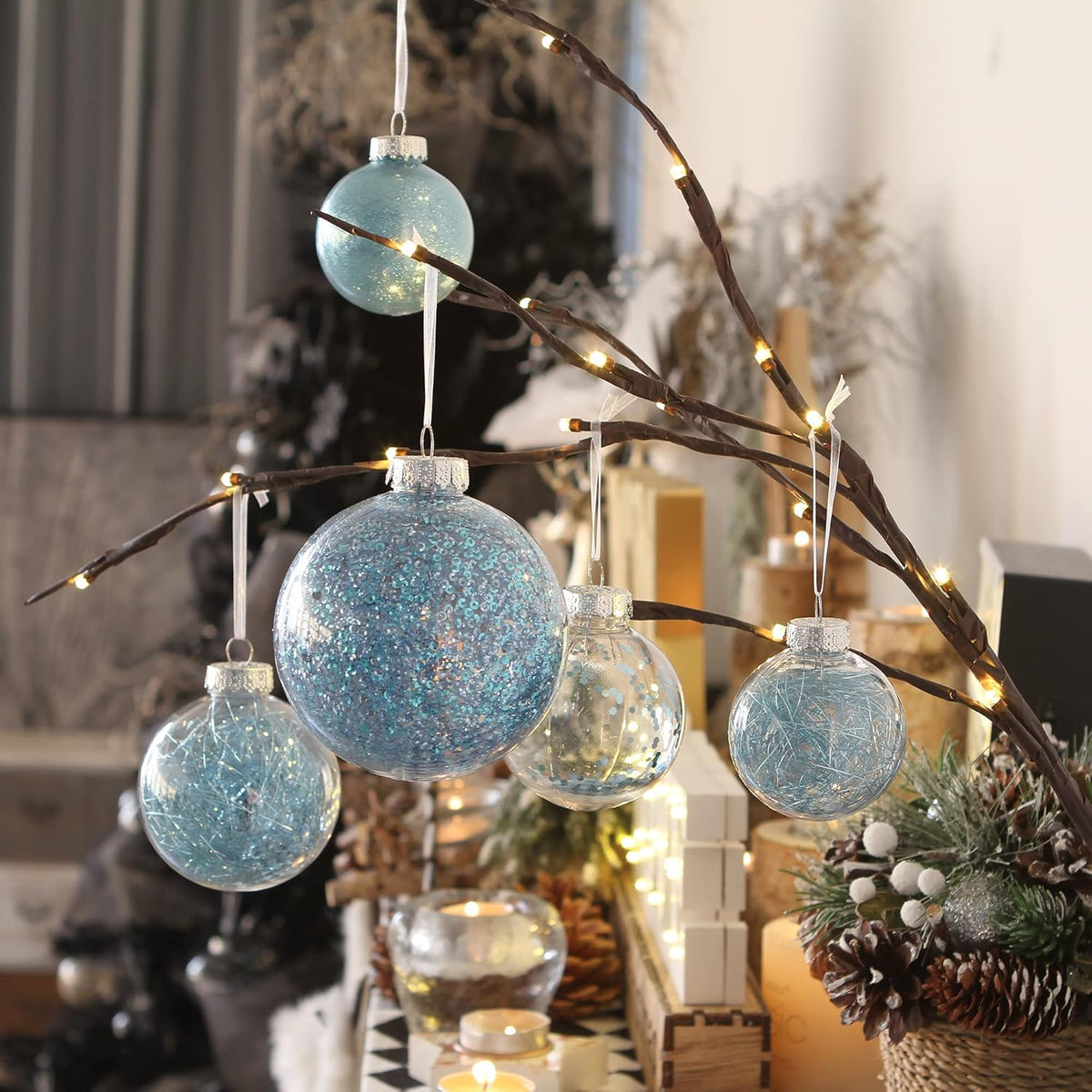 Sea Team Shatterproof Clear Plastic Christmas Ball Ornaments Decorative Xmas Balls Baubles Set with Stuffed Delicate Decorations (100mm/3.94 inch 16-Pack, Babyblue)