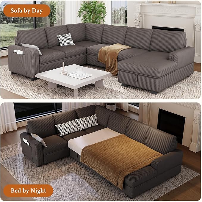 Vesgantti 113.6" Pull Out Sofa Bed with Chaise, 7 Seater U Shaped Sleeper Sofa with Storage Chaise, Corduroy Modular Sectional Couch for Living Room, Bedroom, Apartment, Light Coffee