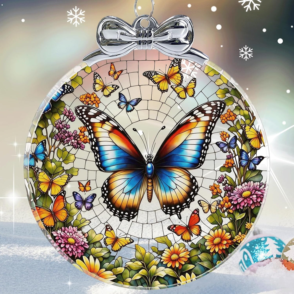 Butterfly Stained Glass Christmas Ornament - Hanging Ornaments for Christmas Tree Decorations -Holiday Keepsake Present Exchange Idea