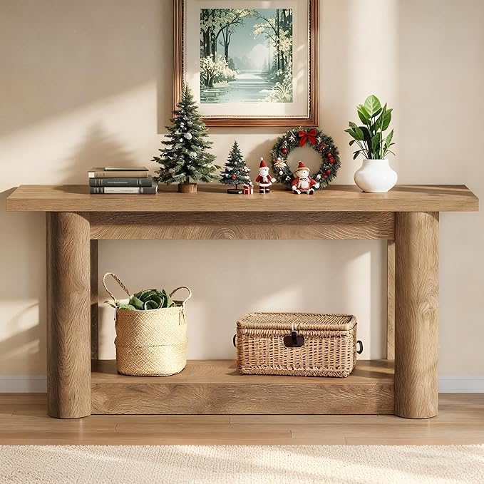 Tribesigns 63" Narrow Console Table, 2-Tier Storage Long Entryway Table, Sofa Foyer Furniture for Living Room, Entrance, Hallway, Light Brown