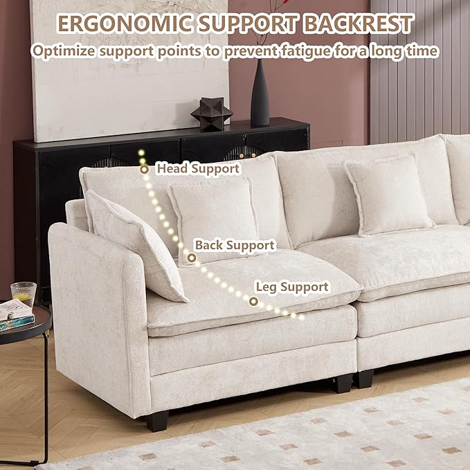 Plush Modular Cloud Sofa Set with Ottoman | L/U-Shaped Deep Seating Chenille Sectional for Family Living Room