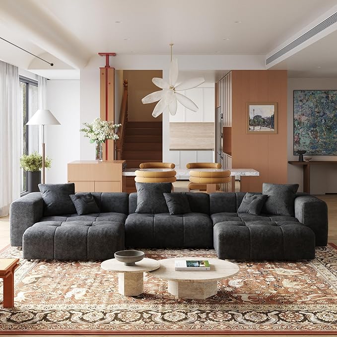 JACH 144.1 Inch U-Shaped Modular Sofa, Mid Century Modern Deep Seat Sectional Couch, 3-Seater Sofas with Chaise Ottomans for Living Room, Cozy Sofas for Apartment, Living Room (Linen Fabric, Black)