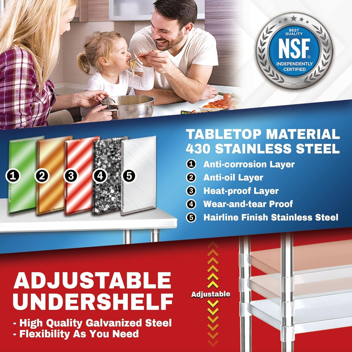 DuraSteel Food Prep Stainless Steel Table - 30 x 60 Inch Commercial Metal Workbench with Adjustable Under Shelf - NSF Certified - for Restaurant, Warehouse, Home, Kitchen, Garage