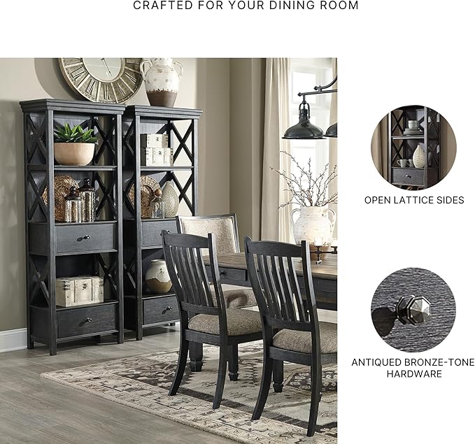 Signature Design by Ashley Tyler Creek Casual Farmhouse 75" Display Cabinet or Bookcase with Drawers and Shelf, Open Lattice Sides, Wood, Gray Black Finish