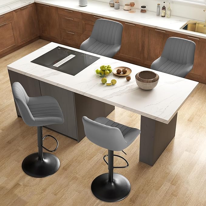 Nalupatio Bar Stools Set of 4, Adjustable Modern Swivel Bar Stools with Backs, Counter Height Performance Fabric Island Chairs for Home Kitchen, Dark Grey