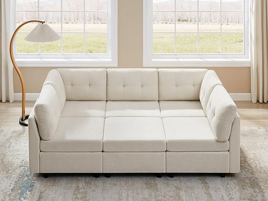 VANOMi 5 Seat Modular Sectional Sofa with Ottoman, Convertible Modular Cloud Sofa Bed, Comfy Chenille Sofas & Couches for Living Room, Apartment, Office, Beige, Sofa Bed