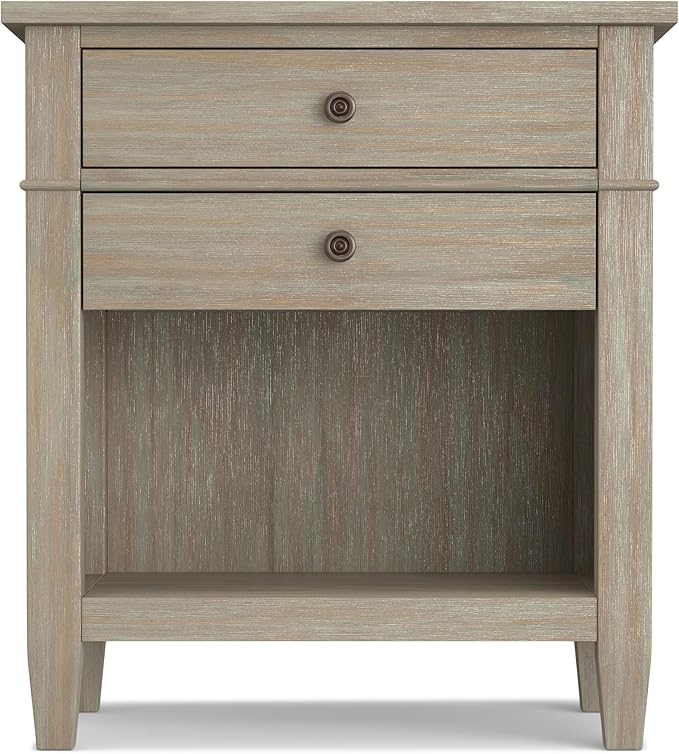 SIMPLIHOME Carlton Bedside Table - 24 inch Wide Solid Wood Nightstand Table in Distressed Grey, Transitional Bedroom Side or End Table with 2 Drawers, Open Storage Shelf and Bronze Hardware