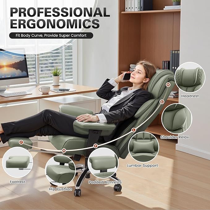Office Desk Chair, Big and Tall Leather Gaming Chair with Footrest, Wide Ergonomic Comfy Executive High-Back Reclining Computer Chairs, Swivel Rolling Wheels and Padded Lumbar Support, Green