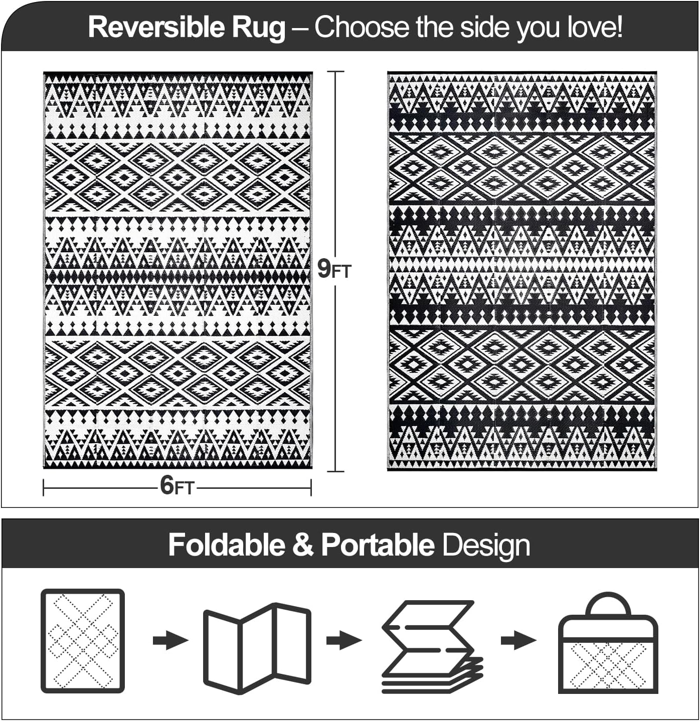 Waterproof Outdoor Rug 6x9ft, Bohemia Reversible Plastic Straw Mat for Patio RV Deck Porch Backyard Balcony Camping Picnic Beach Indoor Outdoor Carpet, Black&White