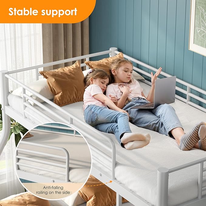 soges Twin Over Full Bunk Bed, Heavy Duty Sturdy Bunk Beds with Ladder & Guardrail, Space-Saving Metal Bed Frame for Teens Adults, White