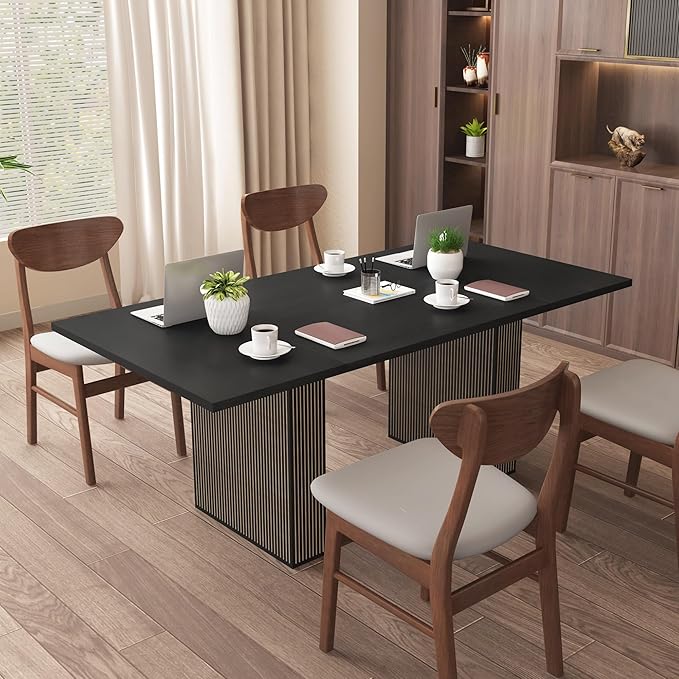 LEVNARY 78 Inch Long Executive Desk, Large Office Desk with Wood Strip Base, Modern Farmhouse Computer Desk Business Furniture for Home Office (Black)