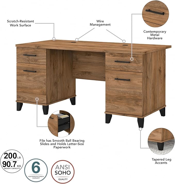 Bush Furniture 60-inch Home Office Desk with Drawers, Large Computer Table with Storage, Transitional Style, Somerset Collection, Fresh Walnut