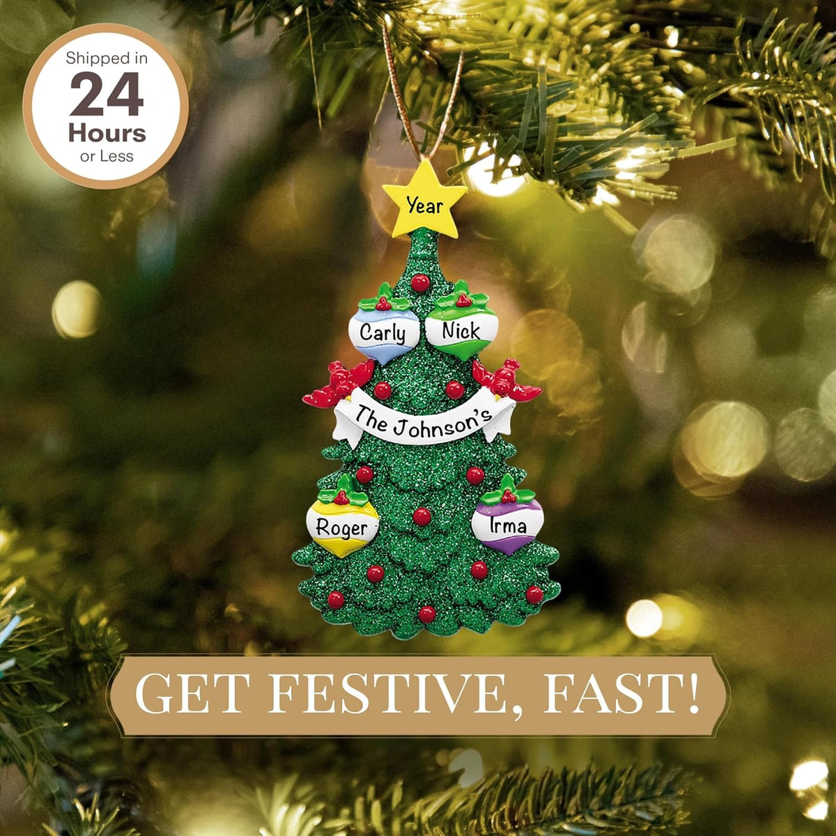 Personalized Family of 4 Ornament 2025 | Free 24h Customization | Christmas Ornaments for Tree | Custom Gift Wrapped Green Glitter Keepsake for Four Persons