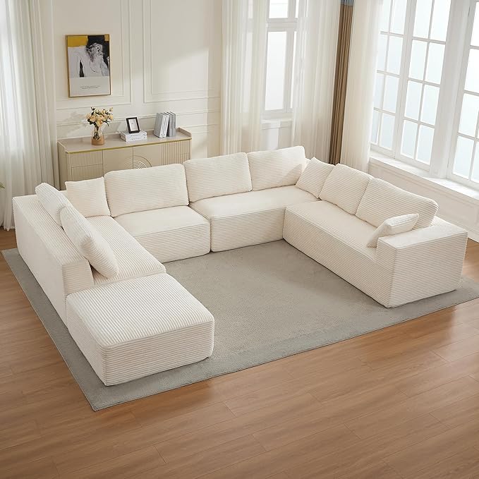 Modular Sectional Cloud Couch for Living Room,Modern Boneless Couche Set with Plush Corduroy,Comfy Floor Sofa with Memory Foam,Stupendous U Shaped Sofa with Chaise,No Assembly Required,Beige