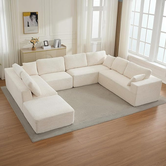 Modular Sectional Cloud Couch for Living Room,Modern Boneless Couche Set with Plush Corduroy,Comfy Floor Sofa with Memory Foam,Stupendous U Shaped Sofa with Chaise,No Assembly Required,Beige
