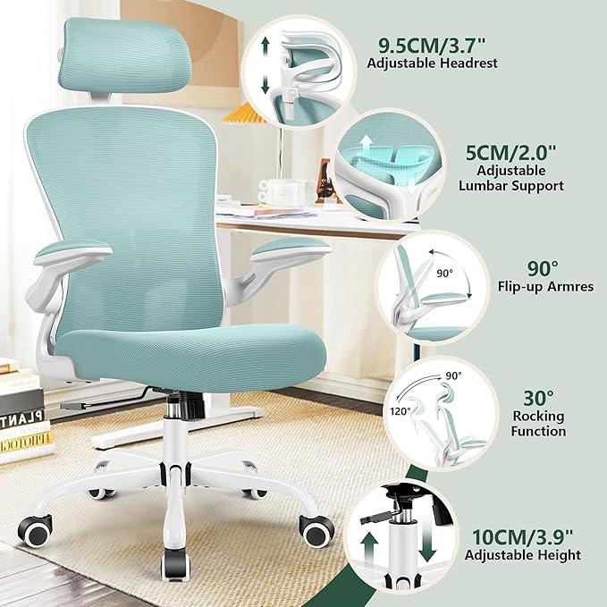 FelixKing Ergonomic Office Chair with Adjustable High Back, Breathable Mesh, Lumbar Support, Flip-up Armrests, Executive Rolling Swivel Comfy Task Computer Chair for Home Office (Light Blue)