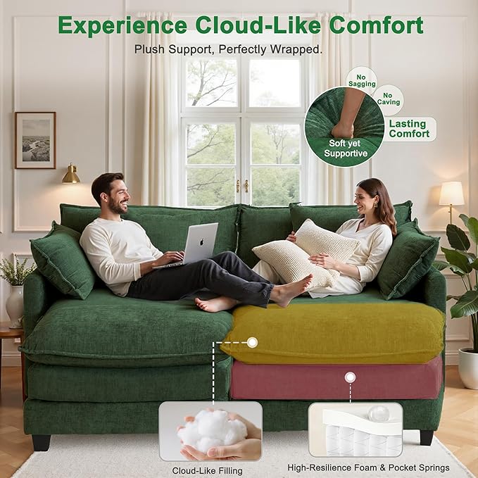 Expandable L-Shaped Sectional Sofa with Ottoman for Apartments, 77" Cloud Chenille Sofa, Create a U-Shape Layout with Optional 2nd Ottoman, Solid Wood Frame, Easy Assembly
