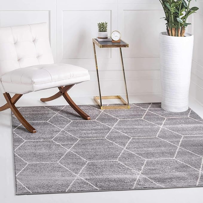 Unique Loom Trellis Frieze Collection Area Rug - Geometric (7' 10" Square, Light Gray/ Ivory)
