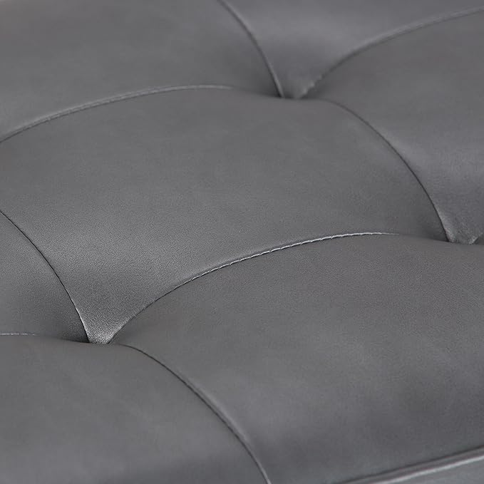 SIMPLIHOME Cosmopolitan Storage Ottoman Bench - 44 inch Wide Upholstered Vegan Leather Rectangle Storage Ottoman in Stone Grey, Transitional Bench for Bedroom with Tufted Lift-Top and Open Shelf