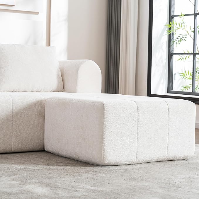 95" Modern Cloud Sectional Sofa Couch, Modular L-Shaped Sofas with Deep Seat and Chaise Ottoman, Chenille Boneless Tufted Couches for Living Room, No Assembly Required, Ivory
