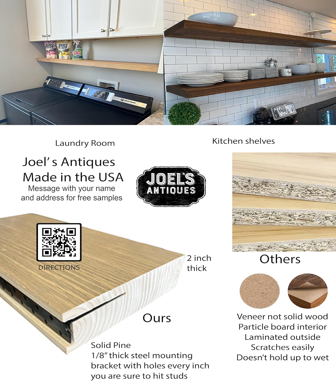 joelsantiques 60 Inch Wooden Floating Shelves for Wall - 60x10x2 in - Made of Natural Wood - Long Heavy Duty Rustic Wall Shelves for Bedroom - Perfect for Living Room, Kitchen - Gray
