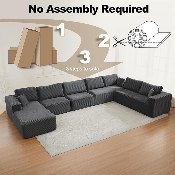 Modular Sectional Cloud Couch for Living Room,Modern Boneless Couche Set with Plush Corduroy,Comfy Floor Sofa with Memory Foam,Stupendous U Shaped Sofa with Chaise,No Assembly Required,Grey